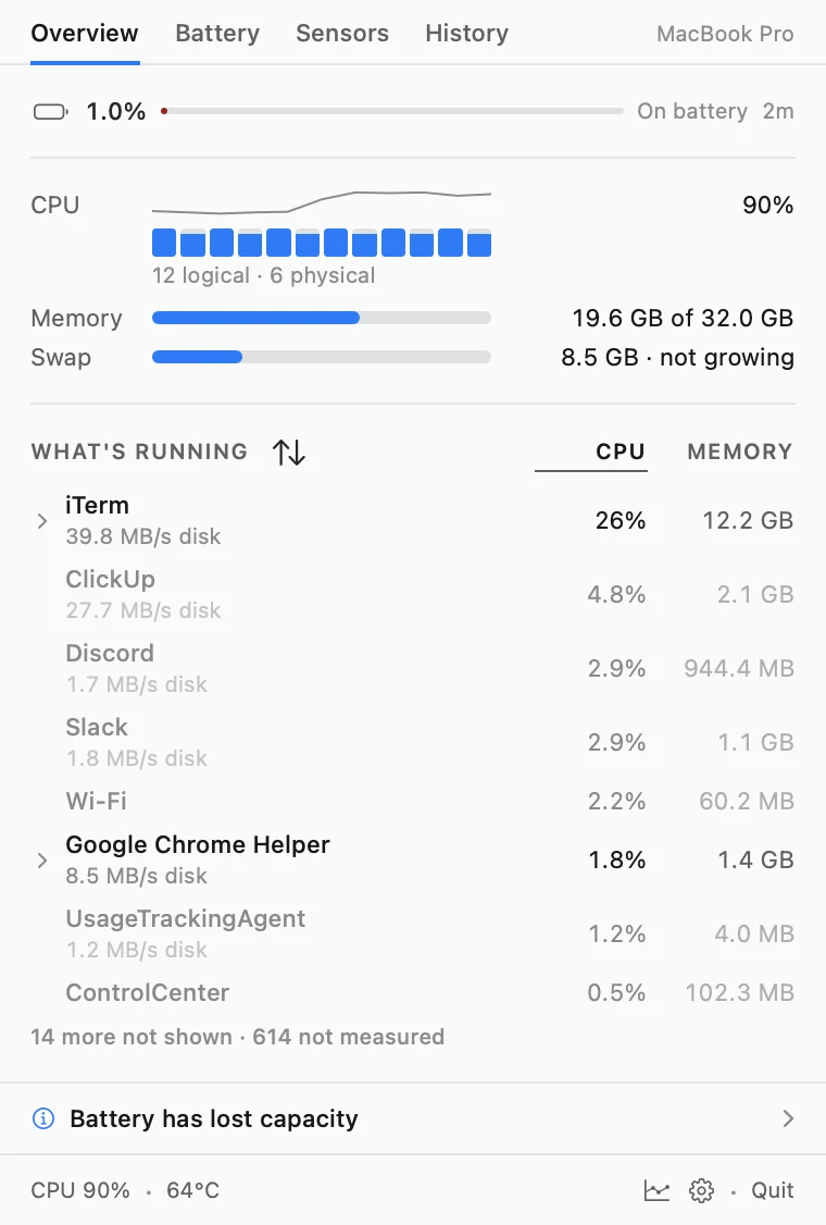 The Skopos Overview panel: battery, a CPU sparkline and per-core strip, memory and swap bars, then a list of what is running with each app broken down by workload.