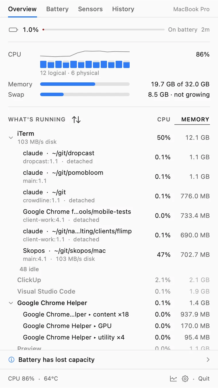 What's running, expanded: iTerm broken into its tmux panes, each naming the command and directory; Google Chrome Helper split into content, GPU and utility processes.